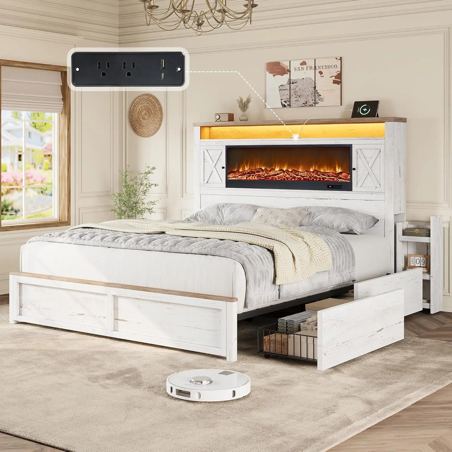 Queen Fireplace Platform Bed with Headboard 4 Drawers RGB LED Charging
