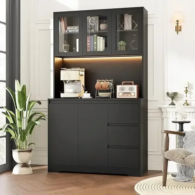 Modern Kitchen Cabinet Hutch Cabinet with Storage,71" Kitchen Pantry Cabinet with LED Lights and Charging Station