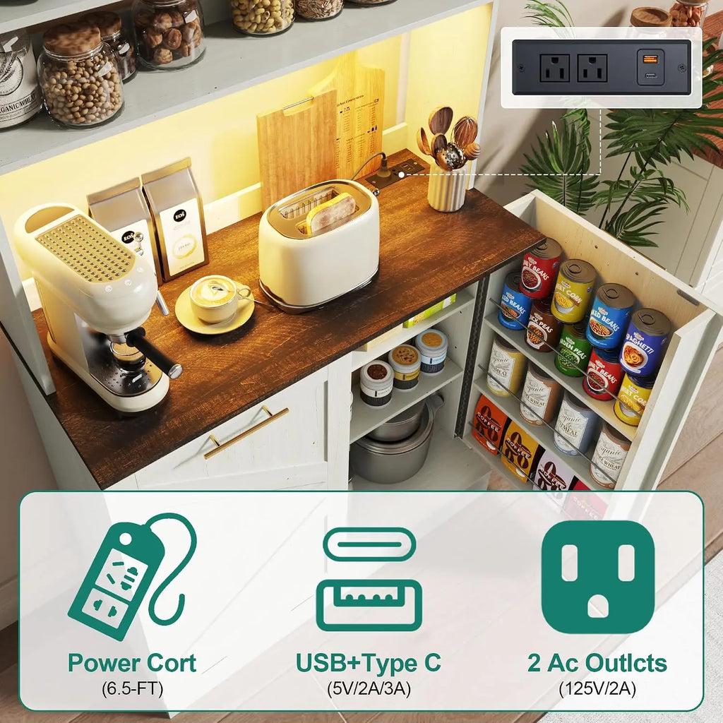 63" H Pantry Cabinets with 10 Gallon Trash Can,Led Light,Outlet,35" W Kitchen Hutch with Tilt Out Trash Can, Customized