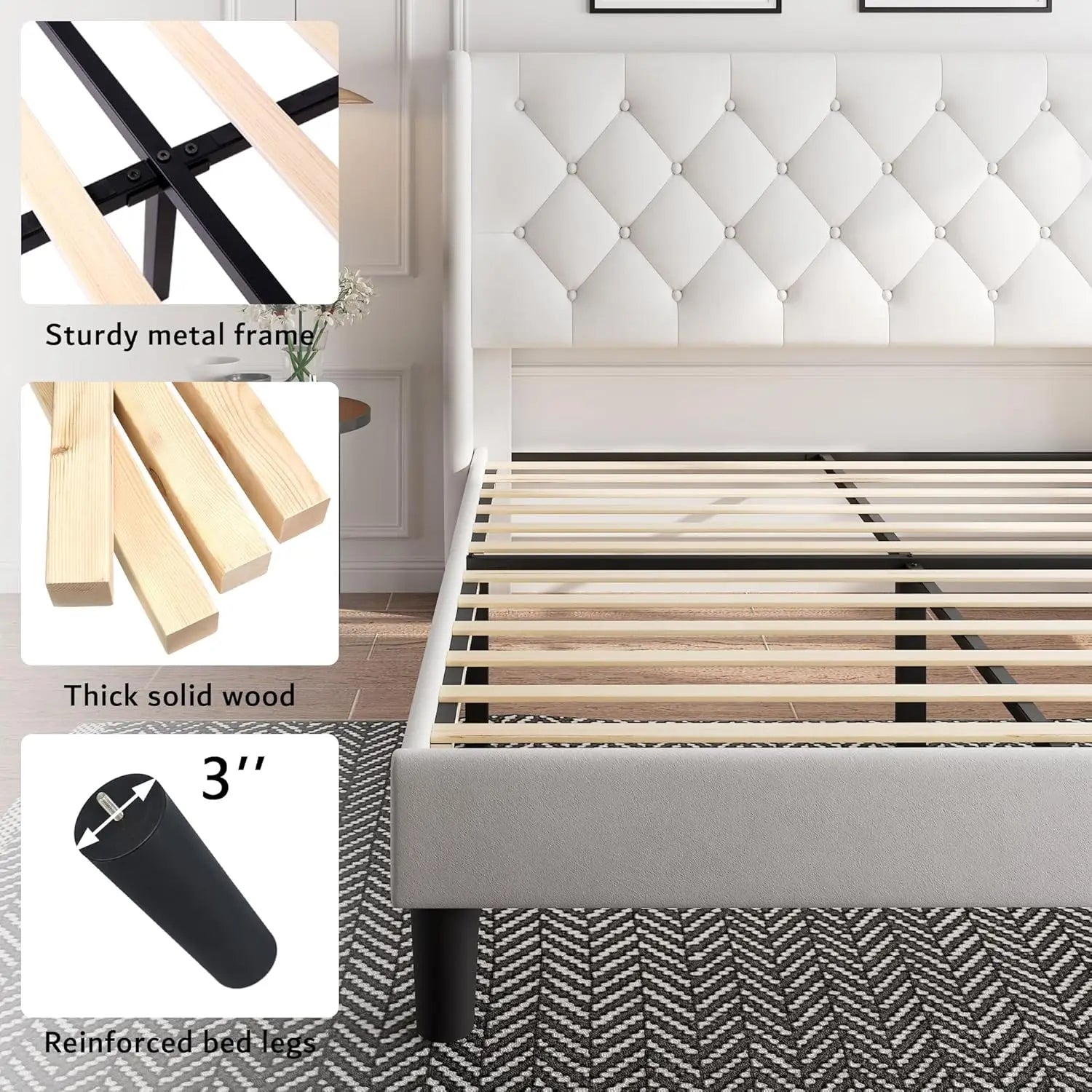 Queen Velvet Platform Bed Button Tufted Upholstered Frame