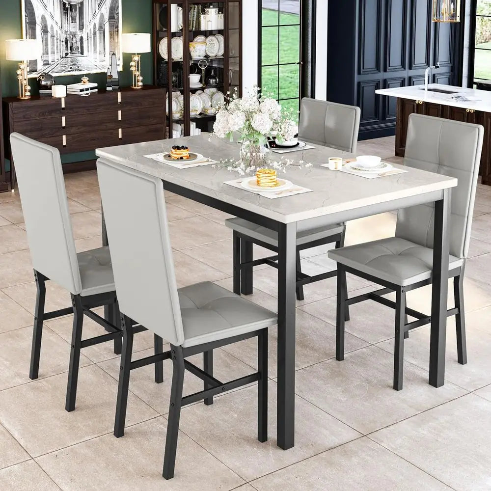 4-Person Marble Kitchen Table with 4 PU Leather Chairs,