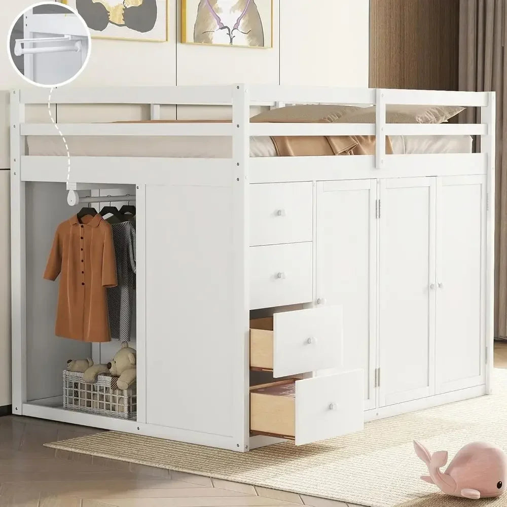 White Full Loft Bed with Stairs, Wooden Bed Frame, Storage and Cabinet, Suitable for Kids, Teens, and Adults
