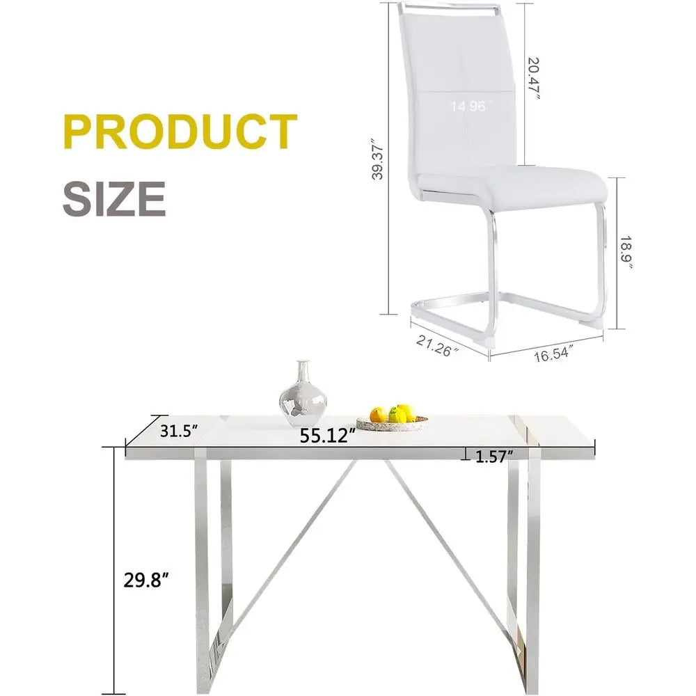 White 4-Seat Modern Dining Table with Leather Chairs Set