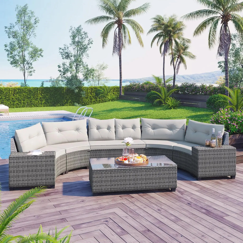 Acacia Wood Half-Moon Outdoor Sofa Set