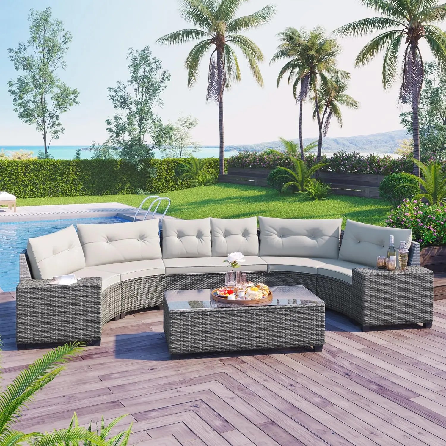 Acacia Wood Half-Moon Outdoor Sofa Set