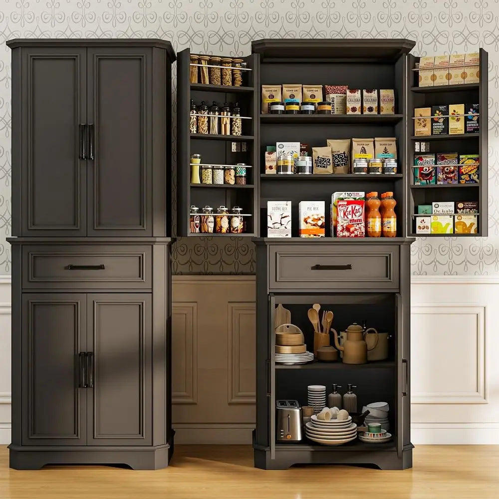 72-inch Tall Freestanding Wood Kitchen Pantry Cabinet with 4 Doors, Hutch, Spice Racks, and Adjustable Shelves for Kitchen and D