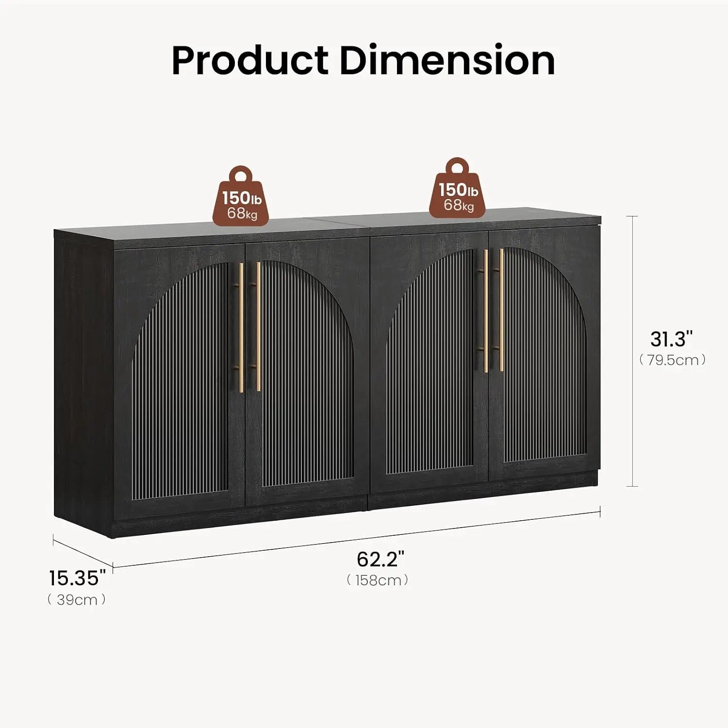 Set of 2 Arched Sideboard Cabinets, 62" Modular Storage Buffet Table with Wave-Panel Doors, Black Wood Grain Media, Customized