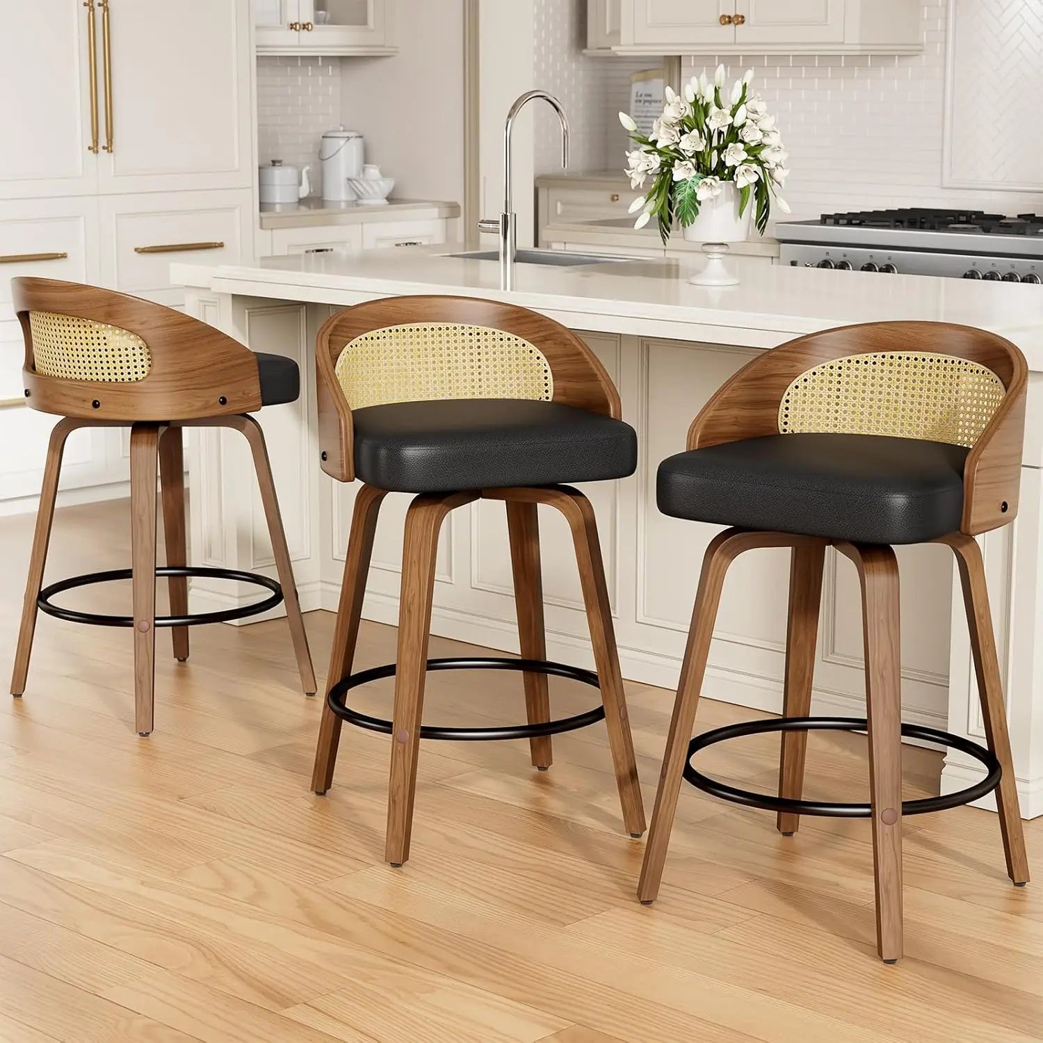 26in Bentwood Counter Stools Set 3 Leather Swivel