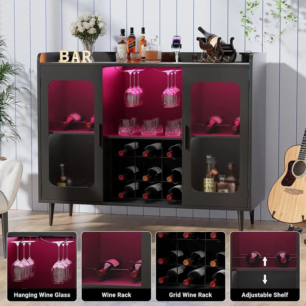 Illuminated Wine and Liquor Cabinet with Power Outlet