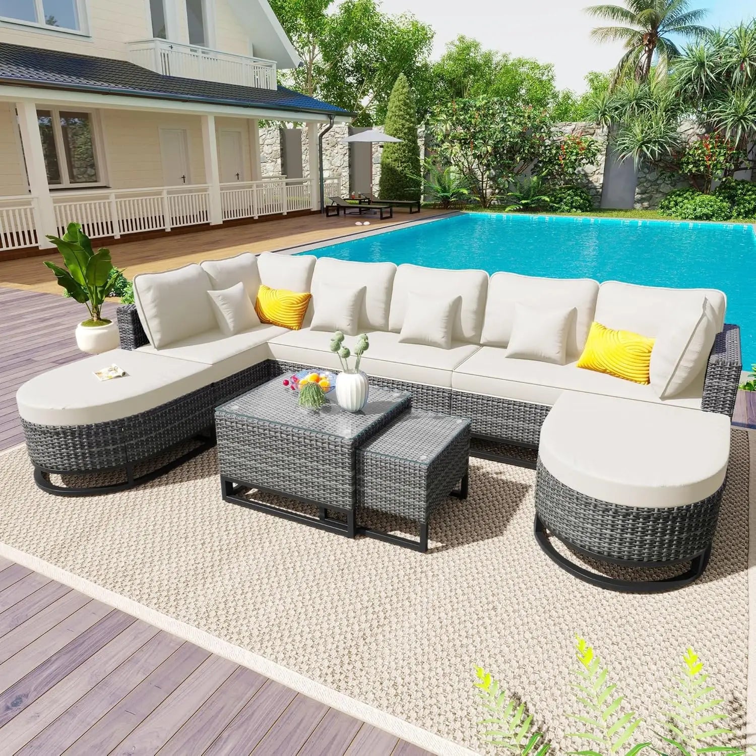 Acacia Wood Half-Moon Outdoor Sofa Set