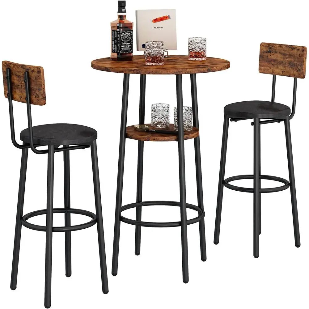 3-Piece Bar Table Set or 2, Small 2-Tier Round Bistro Pub Dining Table & PU Upholstered Stools with Backrest, Counter Height Tab