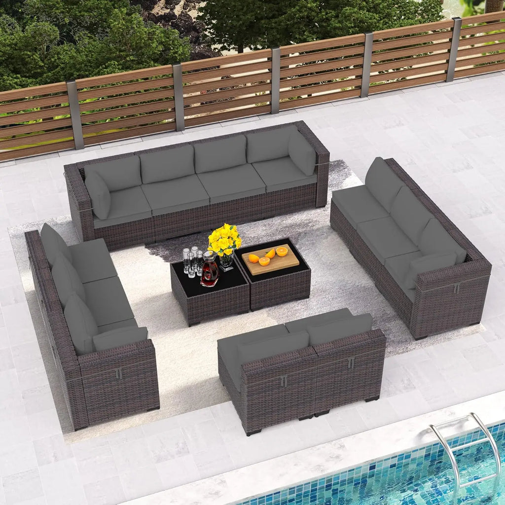 14 Pieces Patio Set, Sectional Furniture Rattan Wicker Set