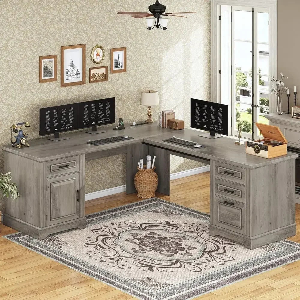 L-Shaped Office Desk with Drawers, Storage, and Power Outlet in Grey