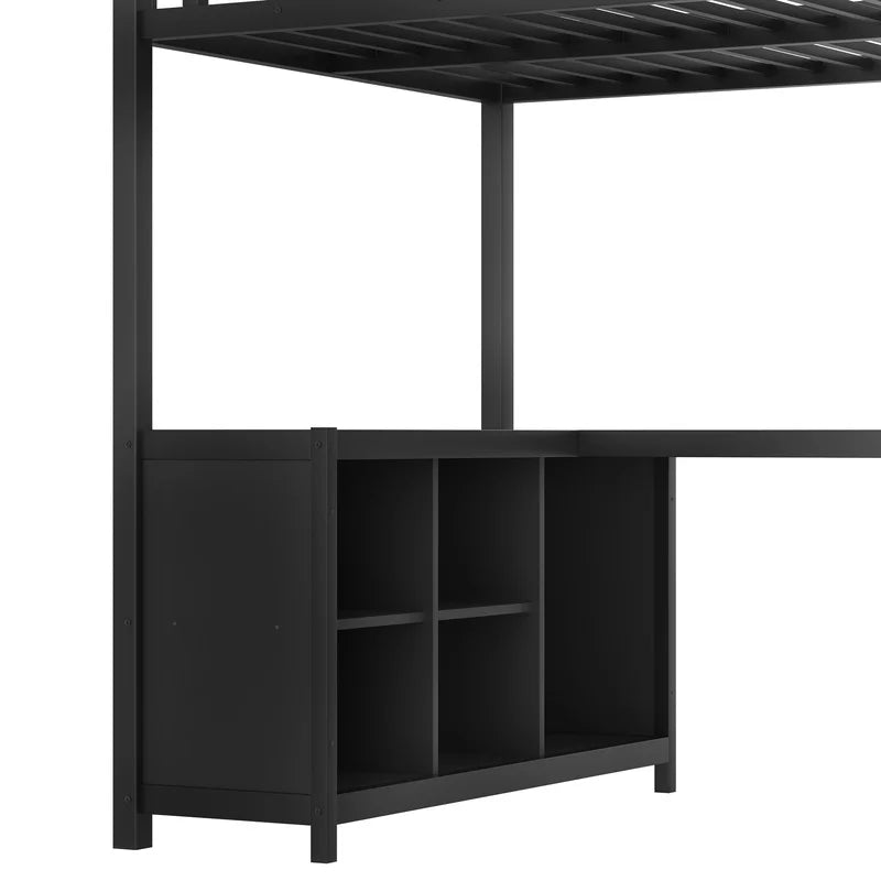 Black Metal Loft Bed with Wardrobe and L-Shaped Desk, Twin Size, Storage Shelves, for Kids Teens Adults