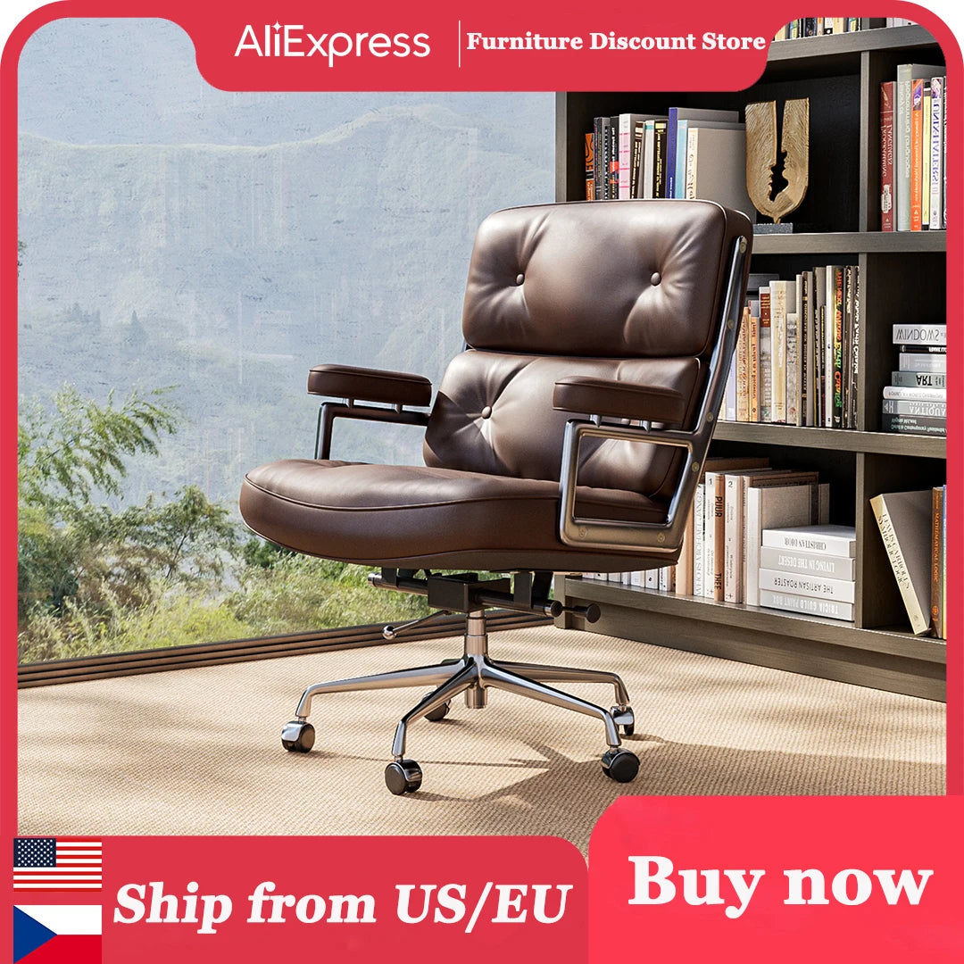 Ergonomic Office Chair Genuine Leather with Aluminum Arms and Wheels