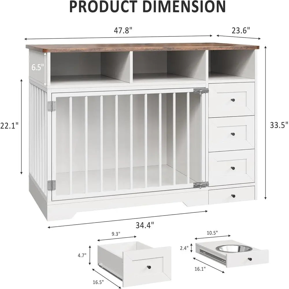 Durable Wooden Dog Crate with Bowl Holder & Storage Drawers, Suitable for Large Breeds, Indoor Pet Cage