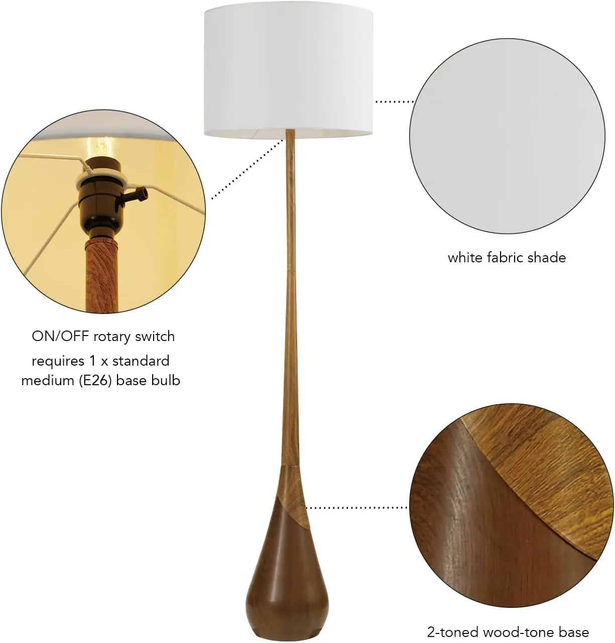 65" Floor Lamp 2-Tone Faux Wood Base White Fabric Shade