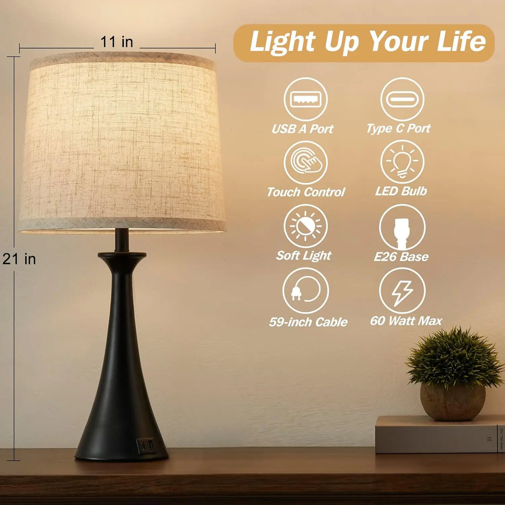 Touch Lamp , 21" Table Lamps Set of 2 with USB C+A Ports,