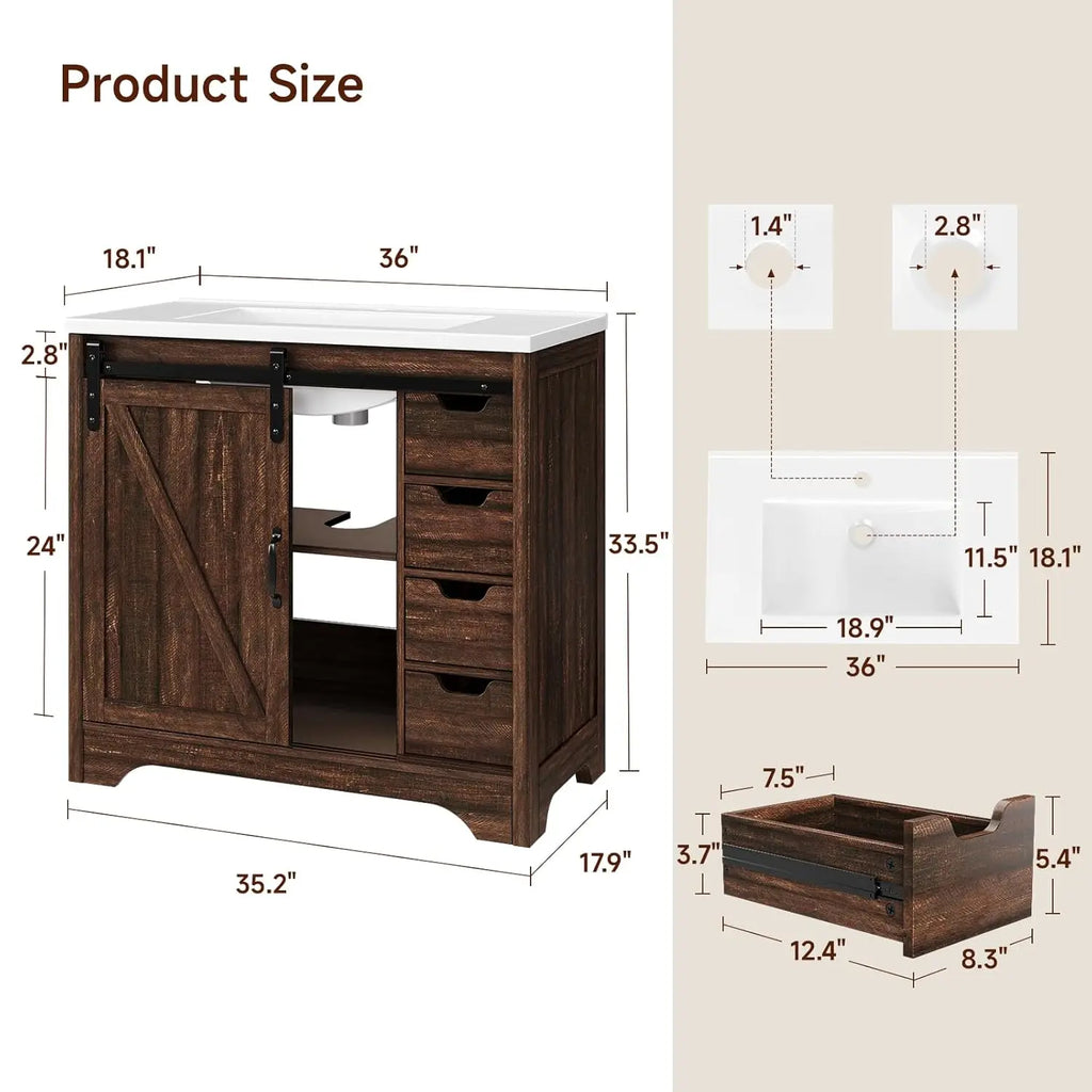 36" Bathroom Vanity with Sink Combo, Farmhouse Sliding Barn Door