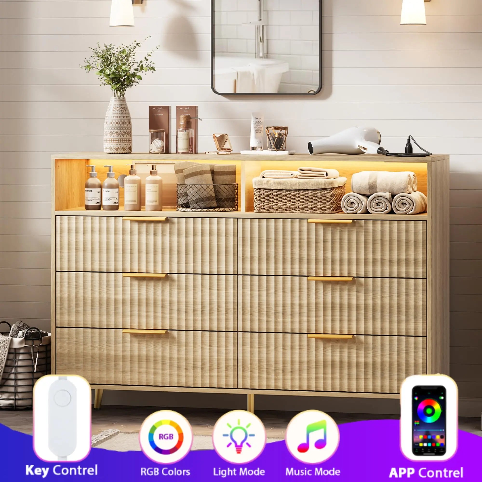 Modern Curved Fluted Wood Dresser With 6 Drawers LED Lights And Charging Station Room