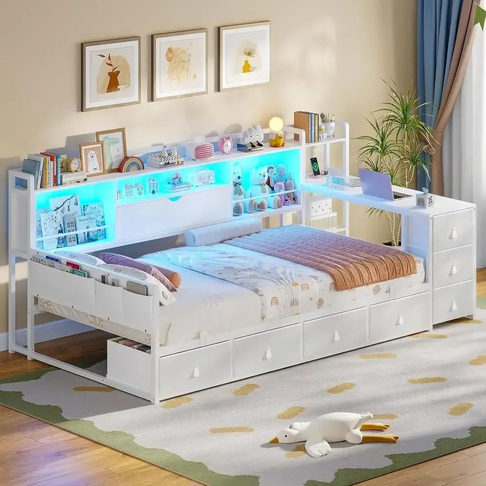 Twin Bed with 7 Drawers, Desk, Bookcase,