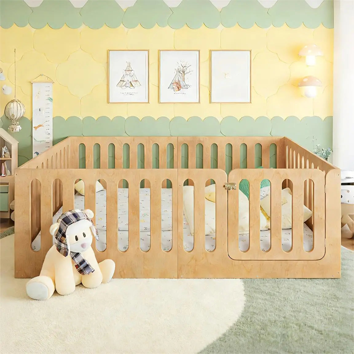 Full Size Montessori Floor Bed Frame with Rails & Door