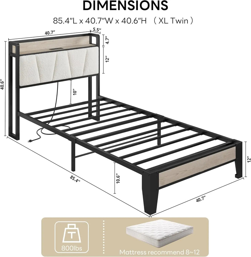 Twin XL Bed Frame with Bouclé Storage Headboard and Charging Station,