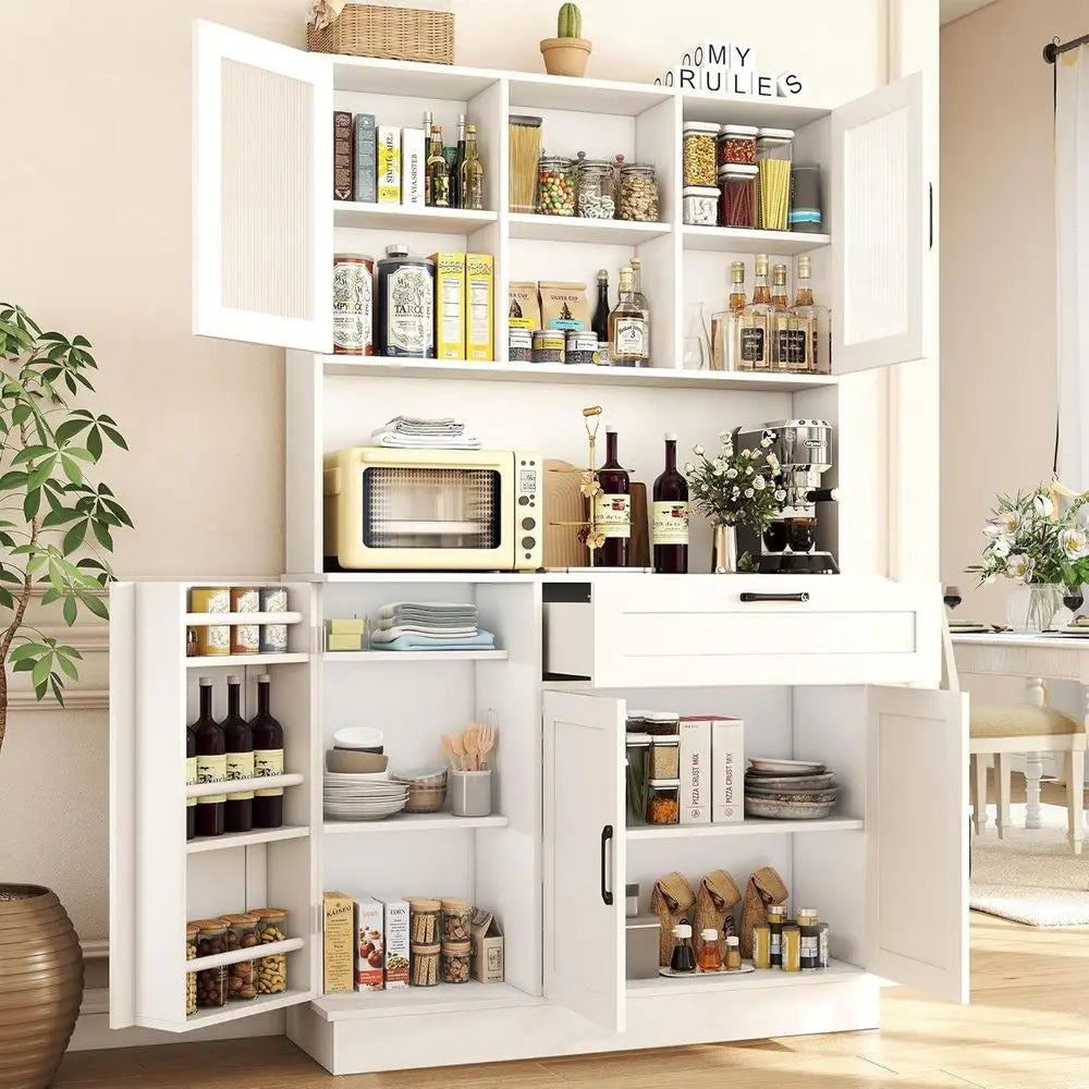 White Kitchen Storage Cabinet with 4 Doors & Adjustable Shelves