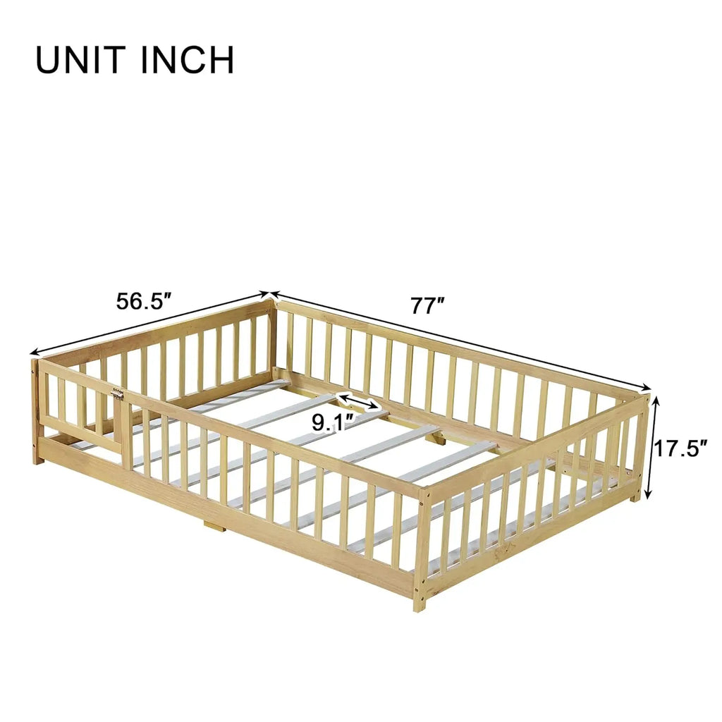 Full Size Montessori Floor Bed Frame with Rails & Door