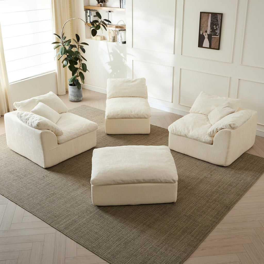 Modern Cloud L-Shaped 3-Seater Oversized Deep Seat Chenille Fabric Sofa with Ottoman