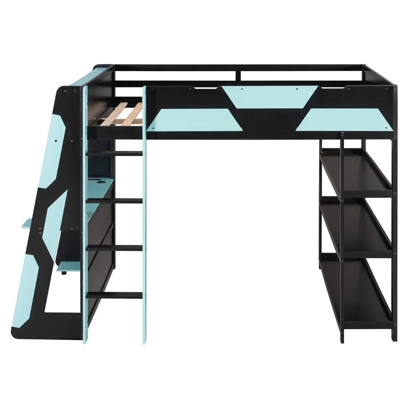 Gaming Loft Bed with Desk, Shelves, and LED Lights,