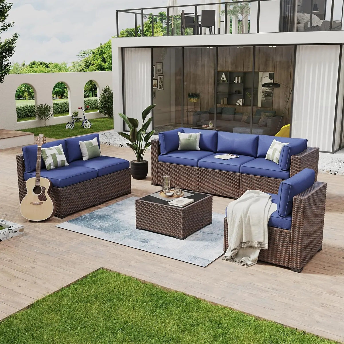 7 Piece Patio Set Wicker Rattan Sectional Sofa Set with Coffee Table