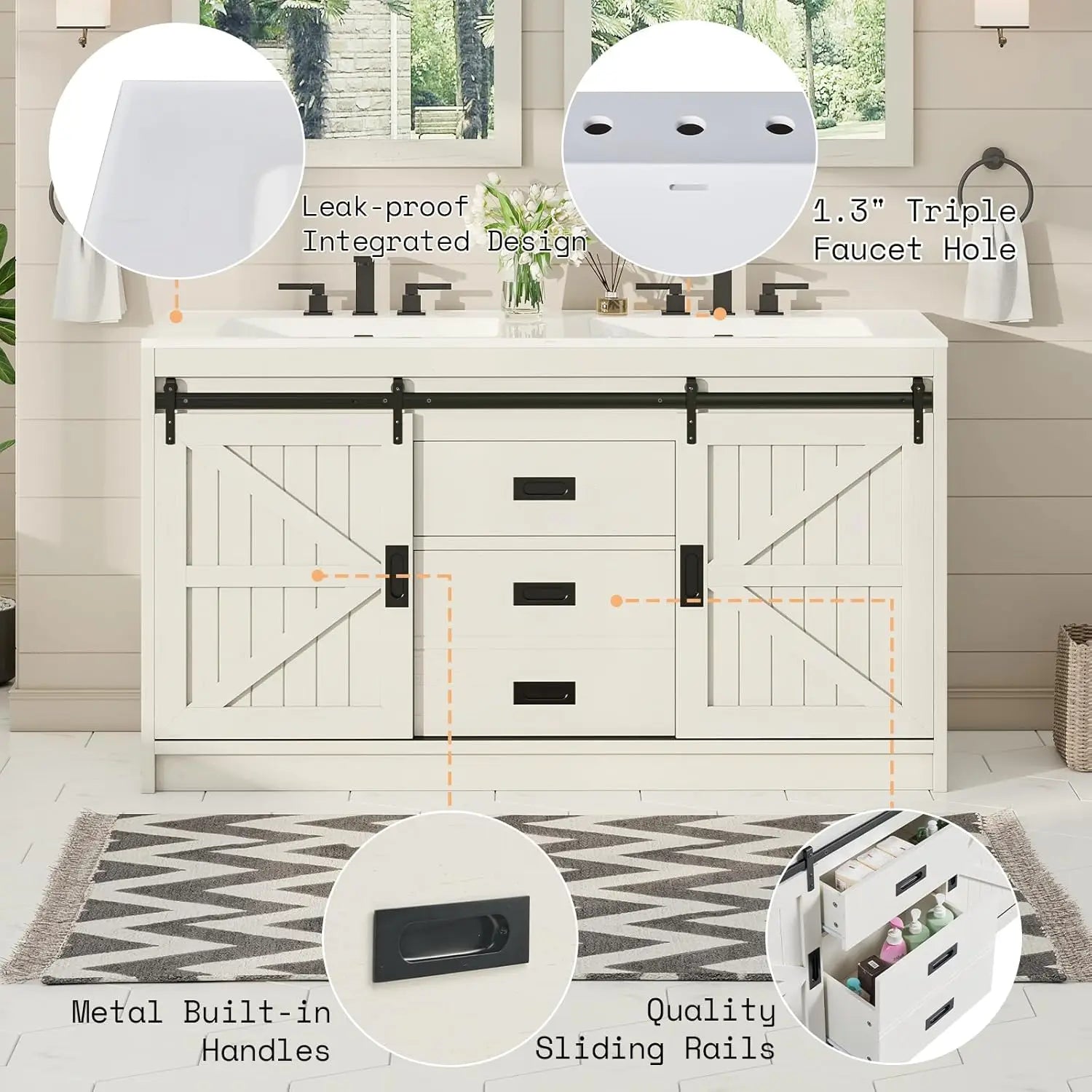 61" Farmhouse Double Bathroom Vanity with Sink Combo
