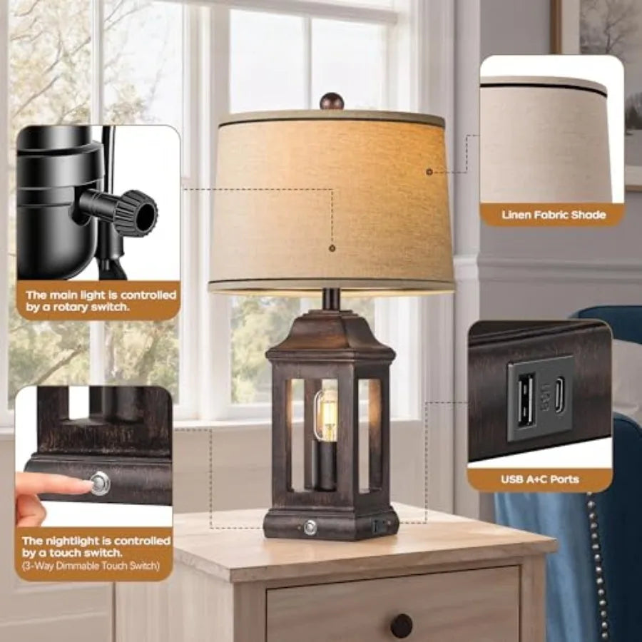 24" Rustic Farmhouse Table Lamps for Living Room, Single Pack Touch Dimmable Nightlight Vintage Bedside Lamps with USB A+C Port