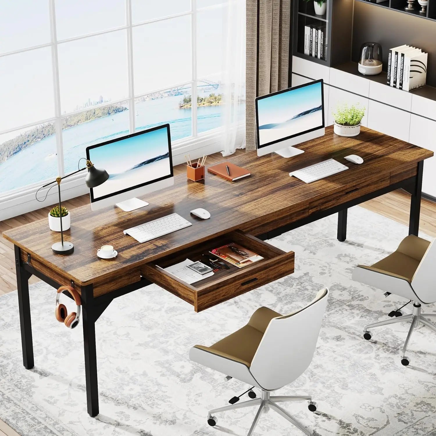 Computer Desk, Double Long Desk with 2 Drawers