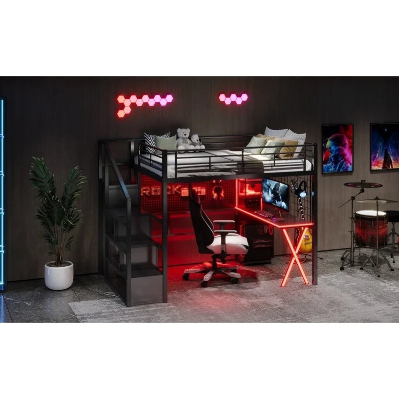 Black Metal Loft Bed with Desk, Wardrobe, Staircase Storage & LED Lighting
