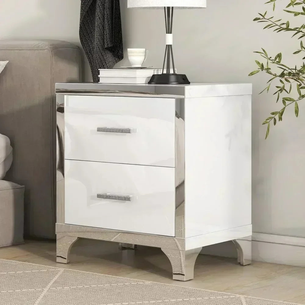 White High Gloss 2-Drawer Mirrored Nightstand
