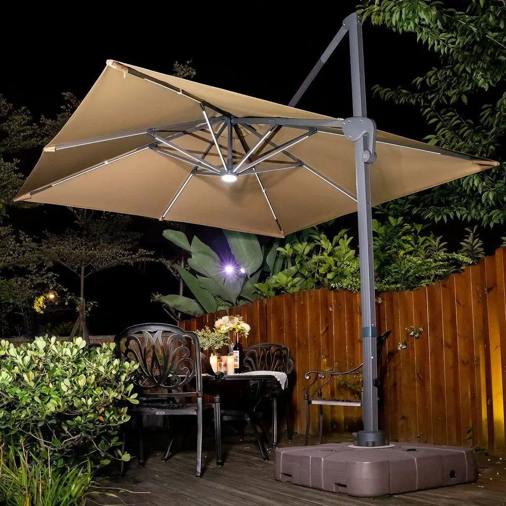 LEAF 12FT Patio Umbrella Square Cantilever Umbrella Teak Finished Aluminum Frame Large Windproof Offset Outdoor Sun Umbrellas f