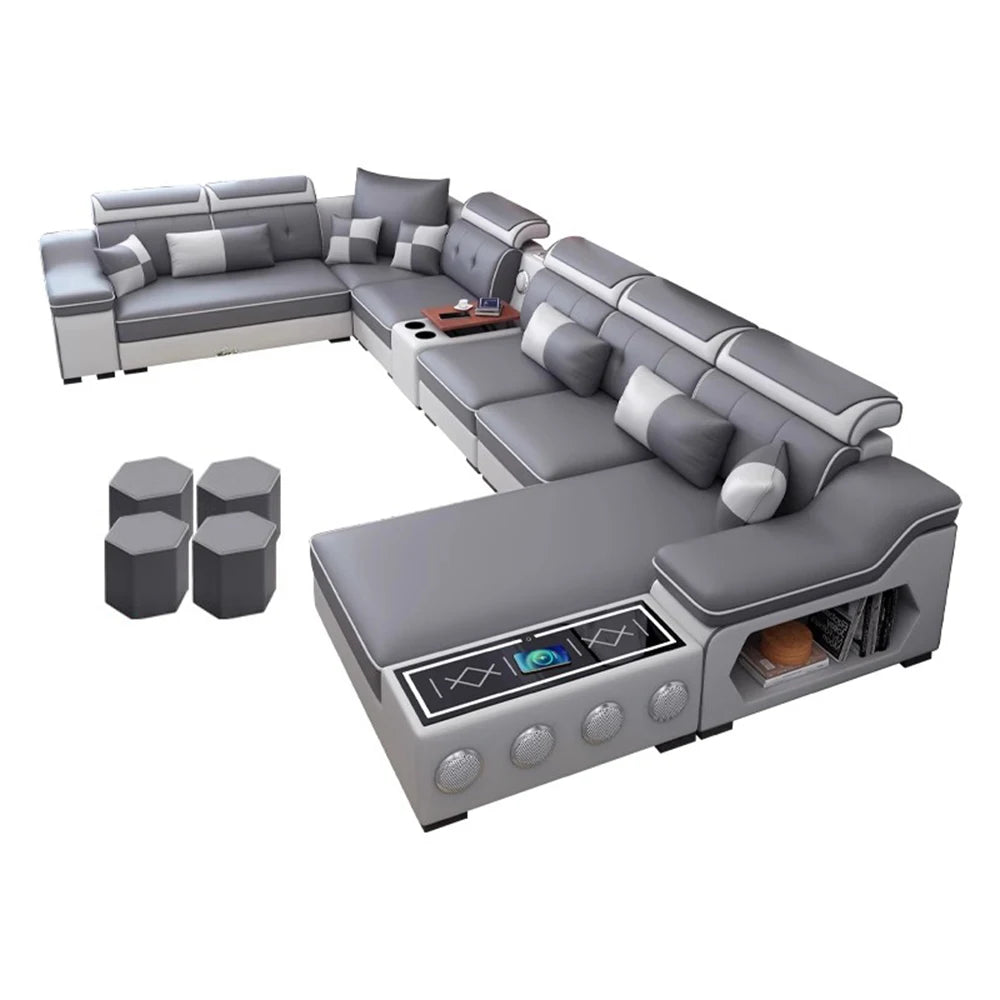 Modern Scientific Fabric Sectional Sofa Set Chaise Lounge, Bluetooth Speakers, USB Charging Ports