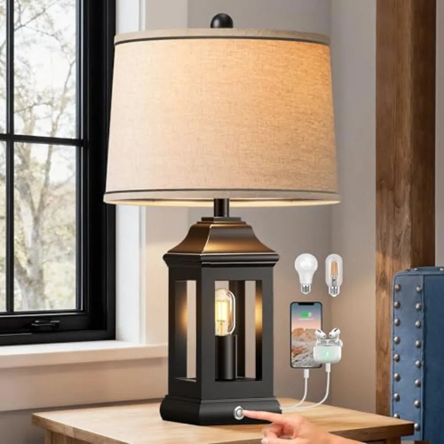 24" Rustic Farmhouse Table Lamps for Living Room, Single Pack Touch Dimmable Nightlight Vintage Bedside Lamps with USB A+C Port