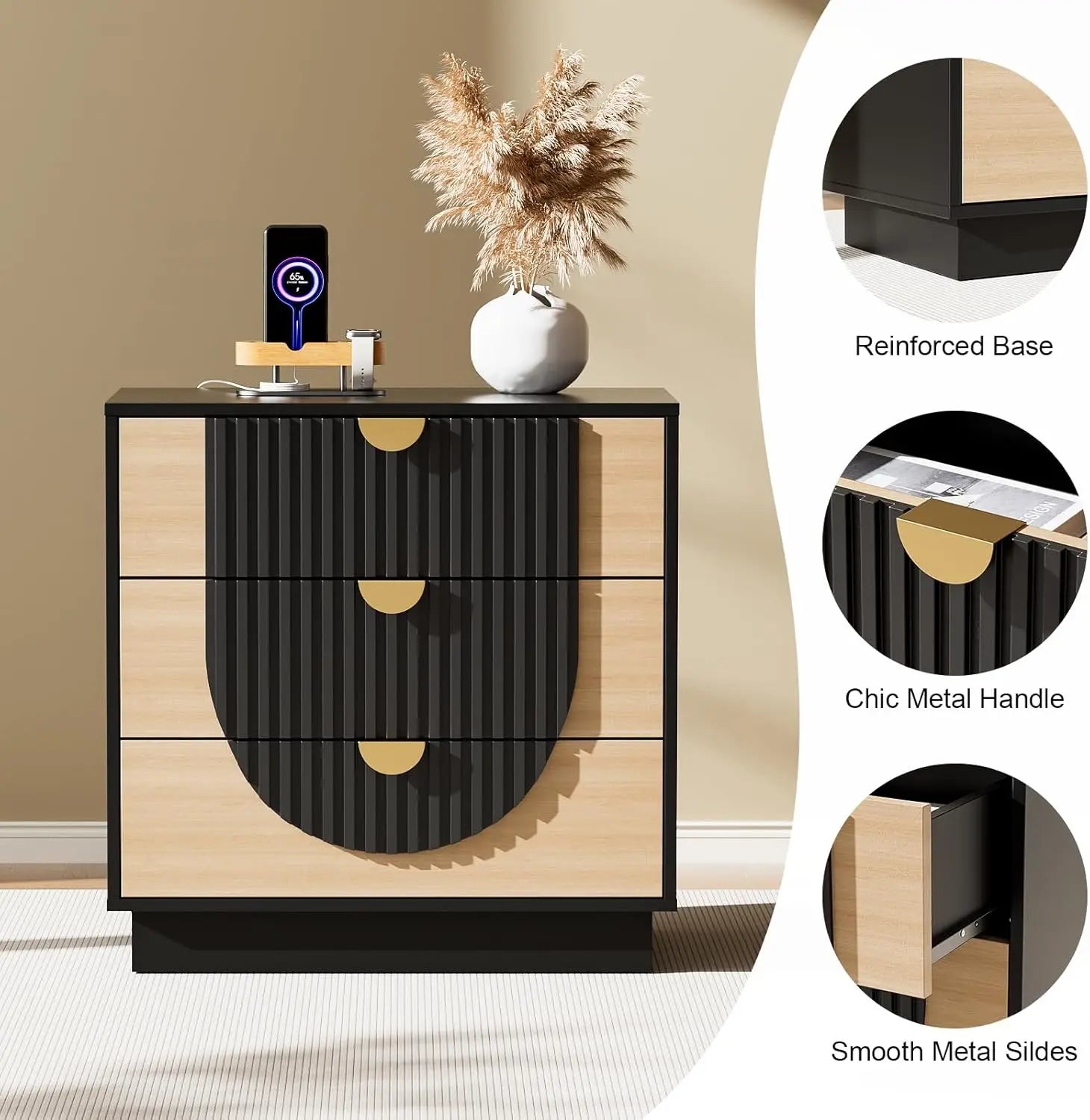3 Drawer Nightstand with Charging Station