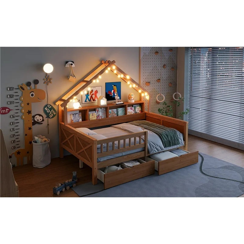 Natural Wood Full Size Platform Bed with LED,