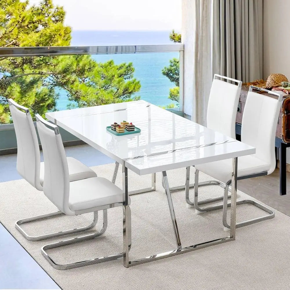 White 4-Seat Modern Dining Table with Leather Chairs Set