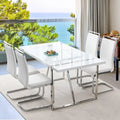 White 4-Seat Modern Dining Table with Leather Chairs Set