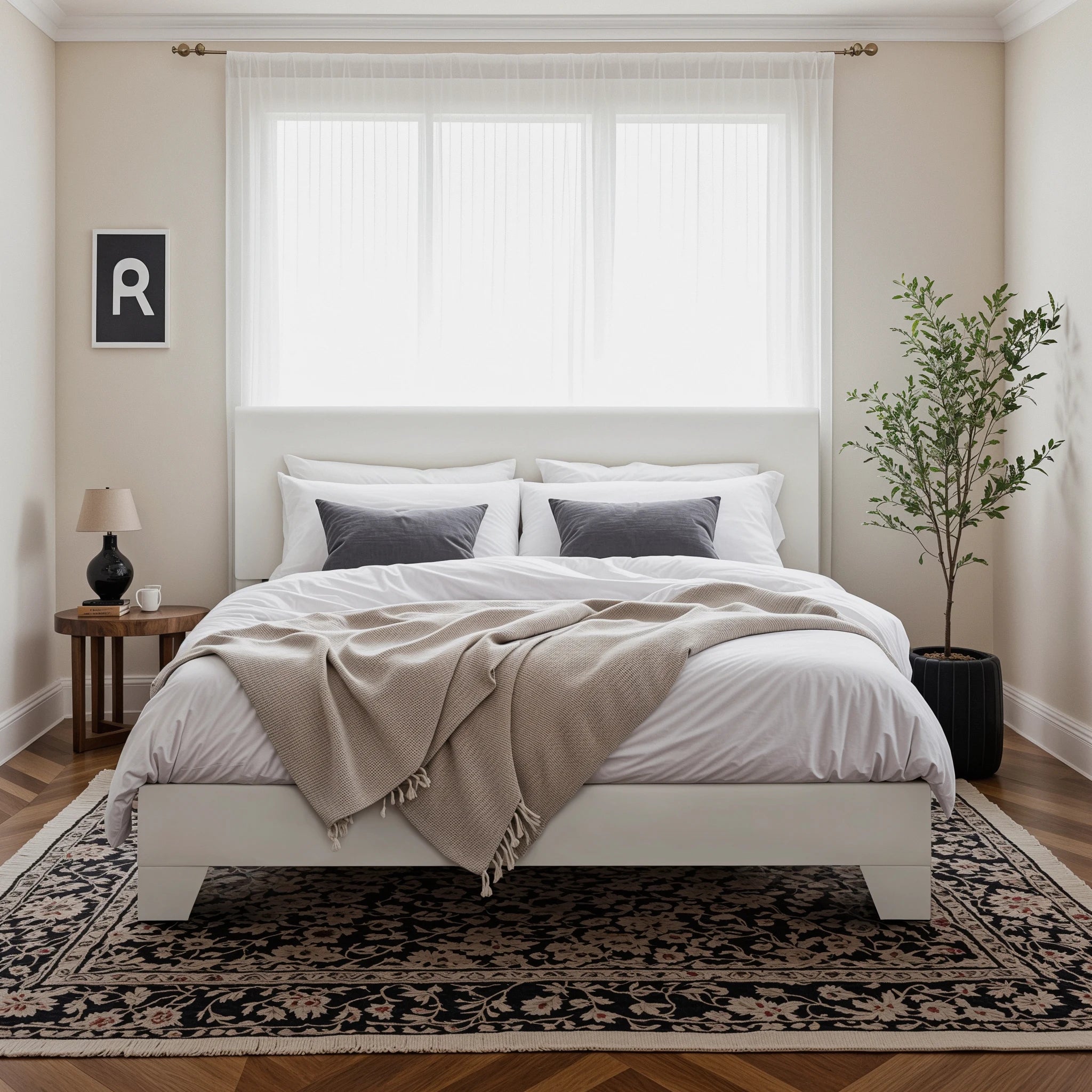 Upholstered Bed Frame with Adjustable Headboard, Soft Linen Fabric