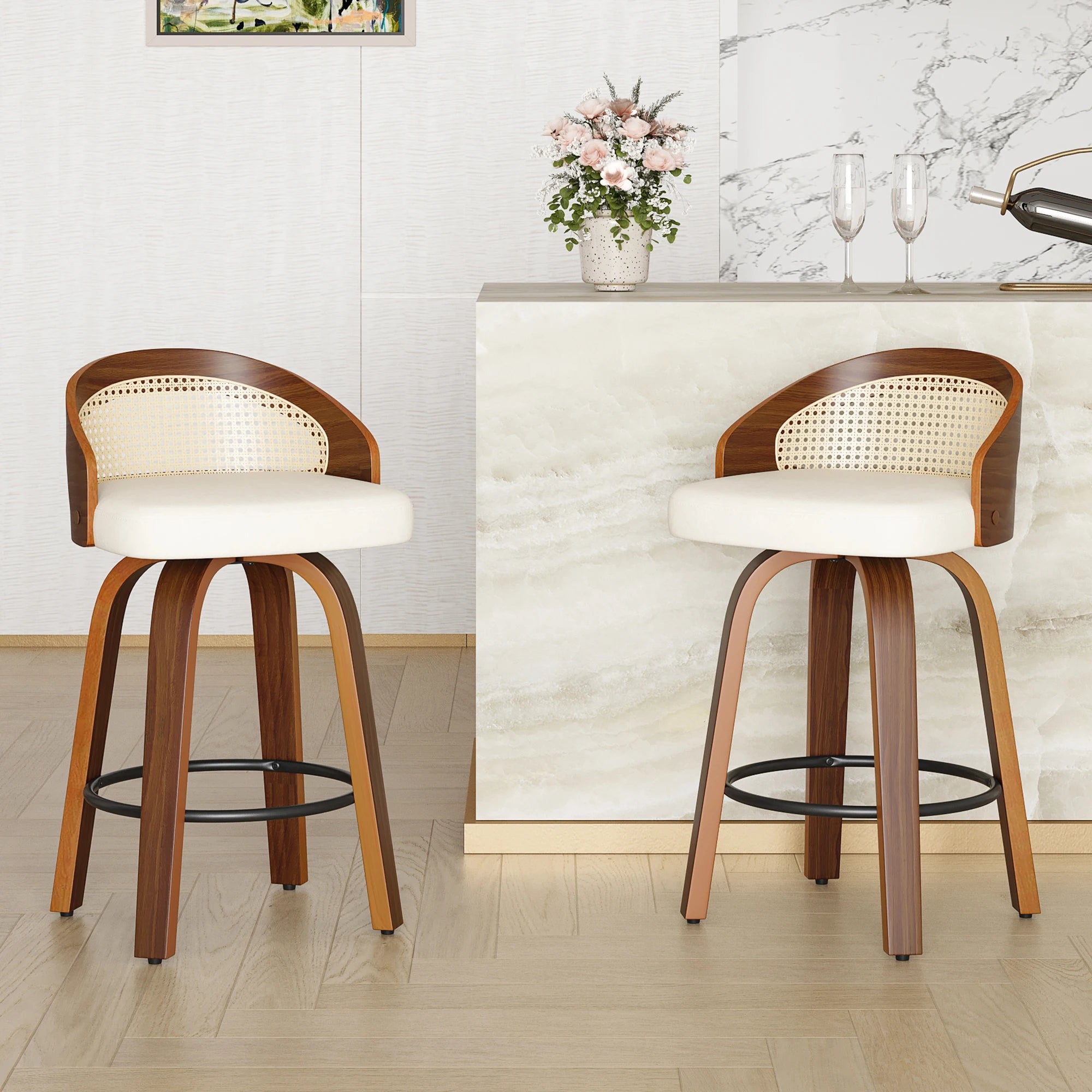 Set of 2 Swivel Bar Kitchen Stools, Modern Wood Frame with Rattan Back,