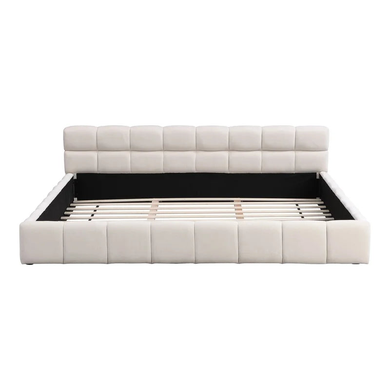 Elegant Beige Chenille King Bed with Checkerboard Pattern