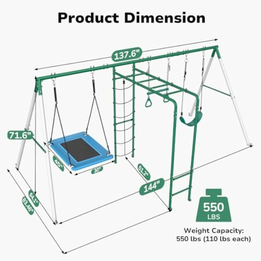 Backyard Swing Set with Monkey Bars, Belt Swing, Platform Swing, Climbing Net, Trapeze Bar