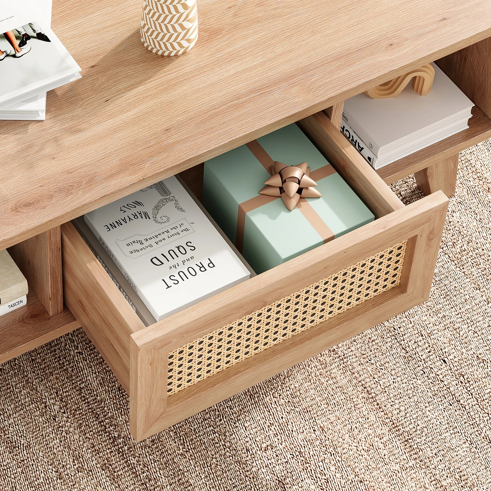 Modern Coffee Table with Rattan Drawer