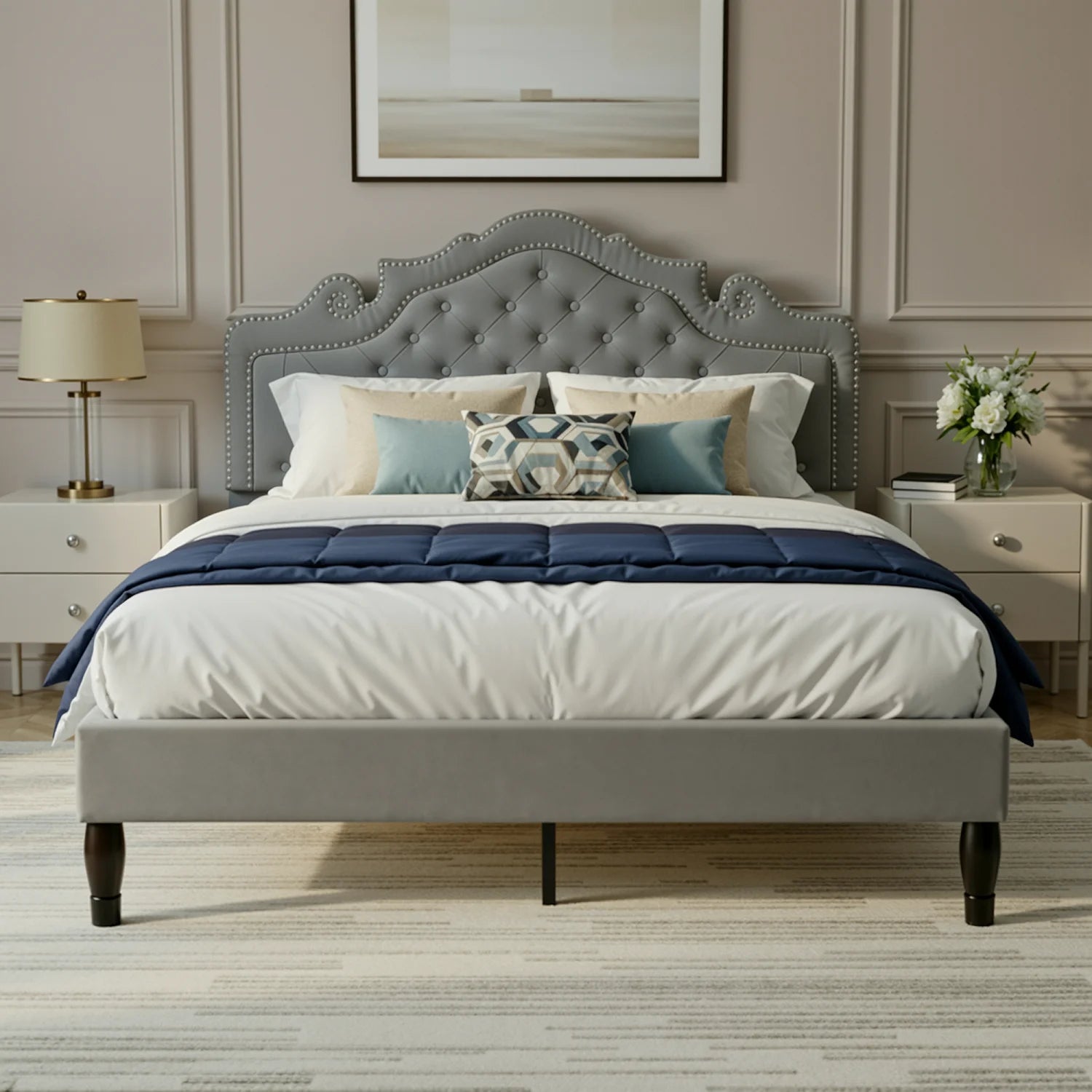 Full/Queen/King Size Velvet Bed Frame with Adjustable Tiara Headboard,